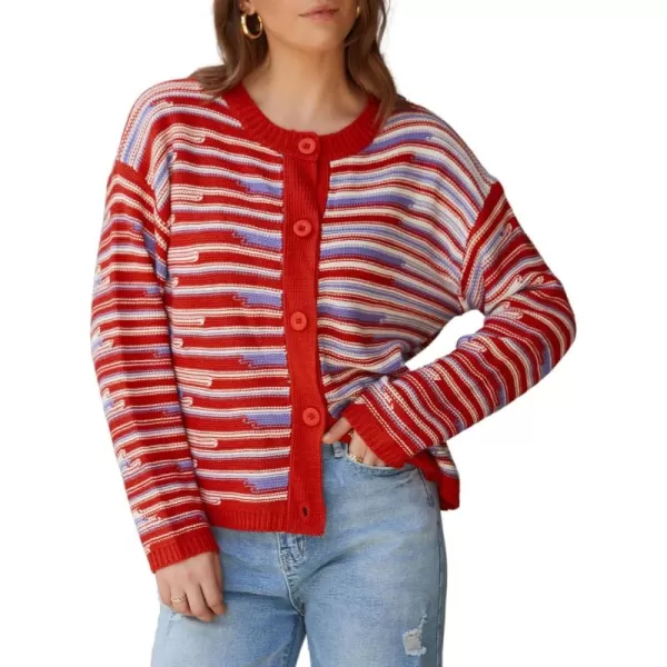 imageECOWISH Women Button Down Cardigan Fall Long Sleeve Crewneck Striped Open Front Cropped Sweater Casual Ribbed Knit Jacket403 Orange