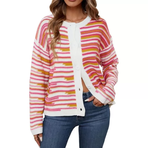 imageECOWISH Women Button Down Cardigan Fall Long Sleeve Crewneck Striped Open Front Cropped Sweater Casual Ribbed Knit Jacket403 White