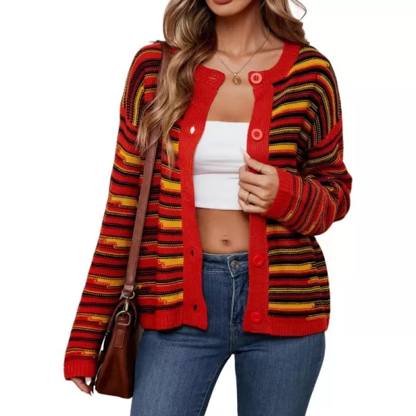 imageECOWISH Women Button Down Cardigan Fall Long Sleeve Crewneck Striped Open Front Cropped Sweater Casual Ribbed Knit Jacket403 Yellow