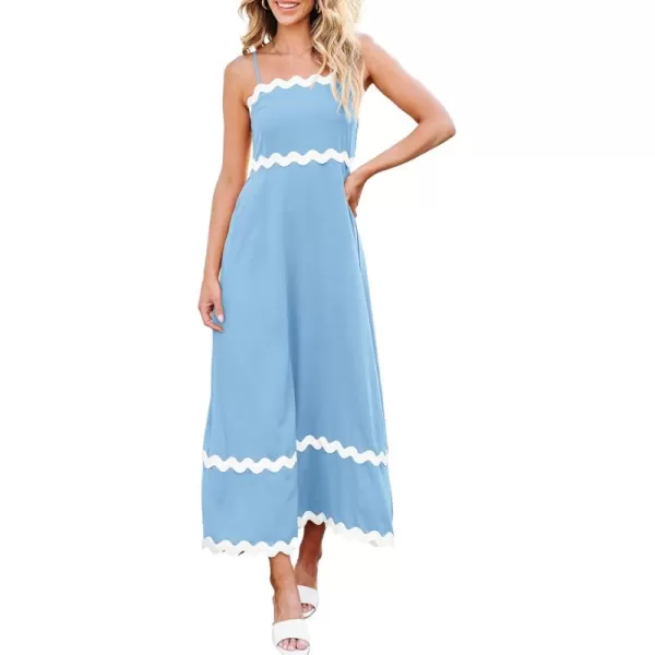 imageECOWISH Women Summer Dresses 2024 Spaghetti Strap Rickrack Sleeveless Long Casual Backless Beach ALine Maxi SundressLight Blue