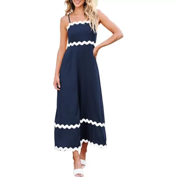 imageECOWISH Women Summer Dresses 2024 Spaghetti Strap Rickrack Sleeveless Long Casual Backless Beach ALine Maxi SundressNavy