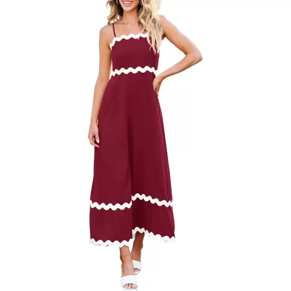 imageECOWISH Women Summer Dresses 2024 Spaghetti Strap Rickrack Sleeveless Long Casual Backless Beach ALine Maxi SundressRed