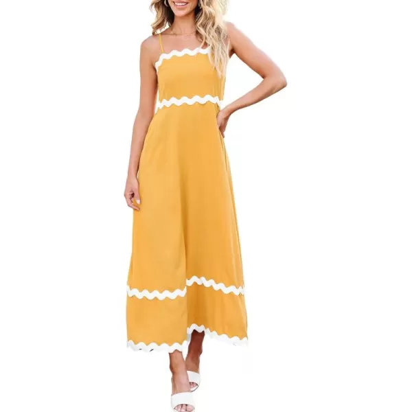 imageECOWISH Women Summer Dresses 2024 Spaghetti Strap Rickrack Sleeveless Long Casual Backless Beach ALine Maxi SundressYellow