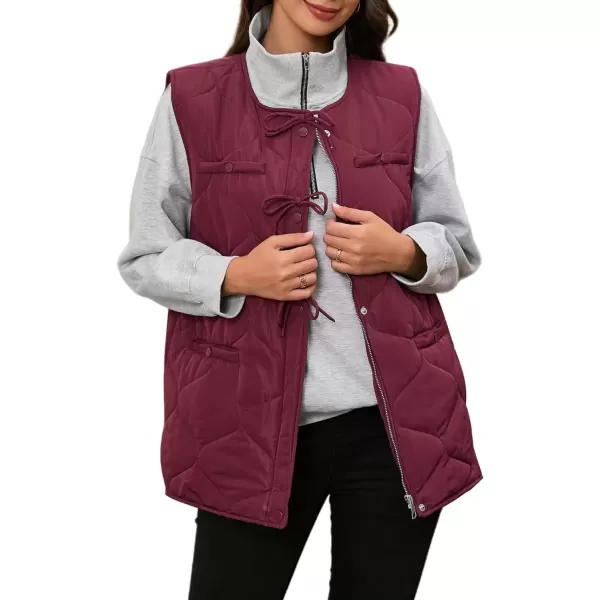 imageECOWISH Women Puffer Vest Sleeveless Jacket Button Zip Up Winter Coat Quilted Padded Warm Gilet Outerwear with PocketsWine Red