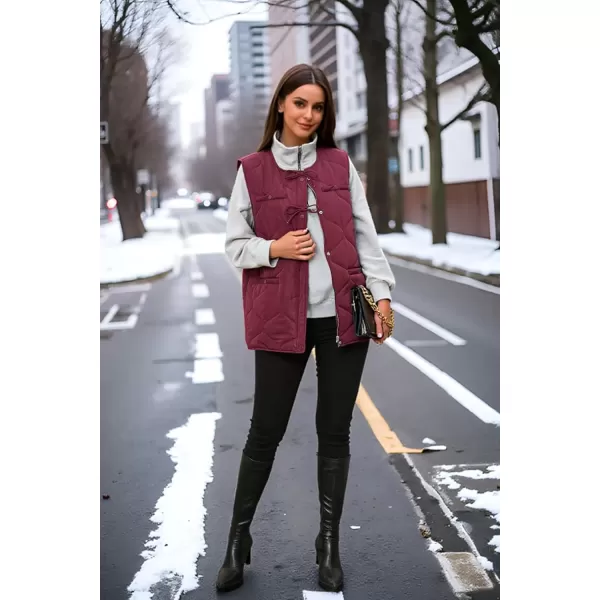 imageECOWISH Women Puffer Vest Sleeveless Jacket Button Zip Up Winter Coat Quilted Padded Warm Gilet Outerwear with PocketsWine Red