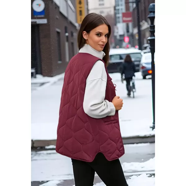 imageECOWISH Women Puffer Vest Sleeveless Jacket Button Zip Up Winter Coat Quilted Padded Warm Gilet Outerwear with PocketsWine Red