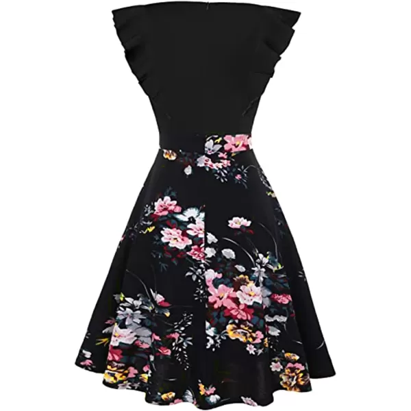 imageECOWISH Womens Dresses Elegant Ruffles Cap Sleeves Summer ALine Midi Dress170 Black Floral