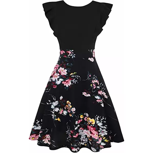 imageECOWISH Womens Dresses Elegant Ruffles Cap Sleeves Summer ALine Midi Dress170 Black Floral