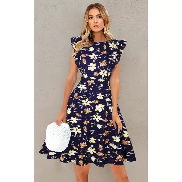 imageECOWISH Womens Dresses Elegant Ruffles Cap Sleeves Summer ALine Midi Dress170 Blue Floral