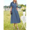 imageECOWISH Womens Dress Short Sleeve Summer Button up Sundress V Neck Shirt Dresses Casual Flowy ALine Dress Pocket Midi DressGray Blue