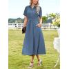 imageECOWISH Womens Dress Short Sleeve Summer Button up Sundress V Neck Shirt Dresses Casual Flowy ALine Dress Pocket Midi DressGray Blue