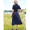 imageECOWISH Womens Dress Short Sleeve Summer Button up Sundress V Neck Shirt Dresses Casual Flowy ALine Dress Pocket Midi DressNavy Blue
