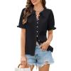 imageECOWISH Womens Button Up Shirt  Peter Pan Collar Frilled Short Sleeve Summer Tops Casual Cotton Retro Floral BlouseBlack