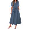 imageECOWISH Womens Dress Short Sleeve Summer Button up Sundress V Neck Shirt Dresses Casual Flowy ALine Dress Pocket Midi DressGray Blue