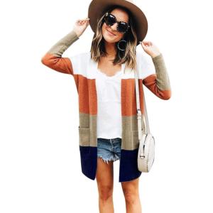 imageECOWISH Cardigan Sweaters for Women Lightweight Fall Color Block Striped Long Sleeve Open Front Cozy Knitted Coats OutwearStripe