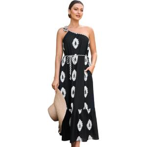 imageECOWISH Womens Summer Maxi Dress Casual One Shoulder Midi Dresses Beach Vacation Boho Resort Long Sundress with Pockets 2025Black