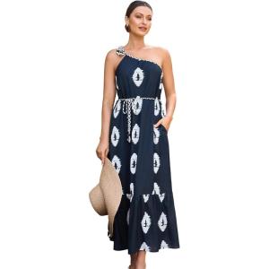 imageECOWISH Womens Summer Maxi Dress Casual One Shoulder Midi Dresses Beach Vacation Boho Resort Long Sundress with Pockets 2025Navy Blue