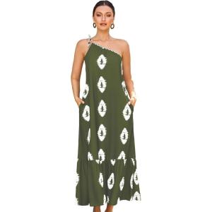 imageECOWISH Womens Summer Maxi Dress Casual One Shoulder Midi Dresses Beach Vacation Boho Resort Long Sundress with Pockets 2025Olive Green