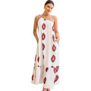 imageECOWISH Womens Summer Maxi Dress Casual One Shoulder Midi Dresses Beach Vacation Boho Resort Long Sundress with Pockets 2025Red