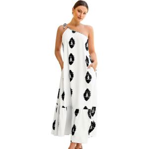 imageECOWISH Womens Summer Maxi Dress Casual One Shoulder Midi Dresses Beach Vacation Boho Resort Long Sundress with Pockets 2025White