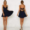 imageECOWISH Summer Dresses for Women 2025 VNeck Spaghetti Strap Bowknot Backless Sleeveless Lace Mini Swing Skater DressNavy Blue1