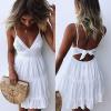 imageECOWISH Summer Dresses for Women 2025 VNeck Spaghetti Strap Bowknot Backless Sleeveless Lace Mini Swing Skater DressWhite