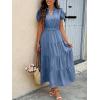 imageECOWISH Summer Maxi Dress for Women Casual Flowy V Neck Short Sleeve A Line Empire Waist Tiered Long Dresses with PocketsGray Blue