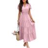 imageECOWISH Summer Maxi Dress for Women Casual Flowy V Neck Short Sleeve A Line Empire Waist Tiered Long Dresses with PocketsPink
