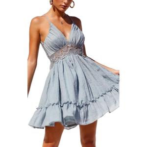imageECOWISH Summer Dresses for Women 2025 VNeck Spaghetti Strap Bowknot Backless Sleeveless Lace Mini Swing Skater DressLight Blue