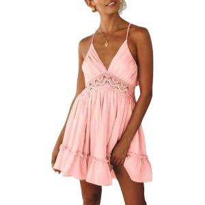 imageECOWISH Summer Dresses for Women 2025 VNeck Spaghetti Strap Bowknot Backless Sleeveless Lace Mini Swing Skater DressPink