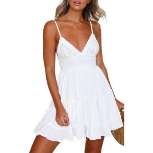 imageECOWISH Summer Dresses for Women 2025 VNeck Spaghetti Strap Bowknot Backless Sleeveless Lace Mini Swing Skater DressWhite