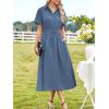imageECOWISH Womens Midi Dress Short Sleeve V Neck Button Front Casual Flowy ALine Shirt Dresses with Pockets for Summer SpringGray Bluev