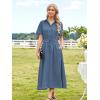 imageECOWISH Womens Midi Dress Short Sleeve V Neck Button Front Casual Flowy ALine Shirt Dresses with Pockets for Summer SpringGray Bluev