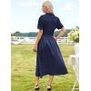 imageECOWISH Womens Midi Dress Short Sleeve V Neck Button Front Casual Flowy ALine Shirt Dresses with Pockets for Summer SpringNavy Blue