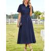 imageECOWISH Womens Midi Dress Short Sleeve V Neck Button Front Casual Flowy ALine Shirt Dresses with Pockets for Summer SpringNavy Blue