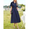 imageECOWISH Womens Midi Dress Short Sleeve V Neck Button Front Casual Flowy ALine Shirt Dresses with Pockets for Summer SpringNavy Blue