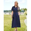 imageECOWISH Womens Midi Dress Short Sleeve V Neck Button Front Casual Flowy ALine Shirt Dresses with Pockets for Summer SpringNavy Bluev