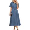imageECOWISH Womens Midi Dress Short Sleeve V Neck Button Front Casual Flowy ALine Shirt Dresses with Pockets for Summer SpringGray Bluev