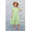 imageECOWISH Women Summer Casual Dress  V Neck Short Sleeve Gingham Midi Pleated Tiered Loose Fit Holiday Picnic DressesLight Green