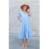 imageECOWISH Women Summer Casual Dress  V Neck Short Sleeve Gingham Midi Pleated Tiered Loose Fit Holiday Picnic DressesTurquoise Blue