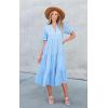 imageECOWISH Women Summer Casual Dress  V Neck Short Sleeve Gingham Midi Pleated Tiered Loose Fit Holiday Picnic DressesTurquoise Blue