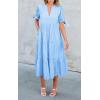 imageECOWISH Women Summer Casual Dress  V Neck Short Sleeve Gingham Midi Pleated Tiered Loose Fit Holiday Picnic DressesTurquoise Blue