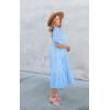 imageECOWISH Women Summer Casual Dress  V Neck Short Sleeve Gingham Midi Pleated Tiered Loose Fit Holiday Picnic DressesTurquoise Blue