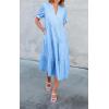 imageECOWISH Women Summer Casual Dress  V Neck Short Sleeve Gingham Midi Pleated Tiered Loose Fit Holiday Picnic DressesTurquoise Blue