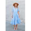 imageECOWISH Women Summer Casual Dress  V Neck Short Sleeve Gingham Midi Pleated Tiered Loose Fit Holiday Picnic DressesTurquoise Blue