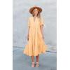 imageECOWISH Women Summer Casual Dress  V Neck Short Sleeve Gingham Midi Pleated Tiered Loose Fit Holiday Picnic DressesYellow