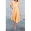 imageECOWISH Women Summer Casual Dress  V Neck Short Sleeve Gingham Midi Pleated Tiered Loose Fit Holiday Picnic DressesYellow
