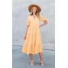 imageECOWISH Women Summer Casual Dress  V Neck Short Sleeve Gingham Midi Pleated Tiered Loose Fit Holiday Picnic DressesYellow