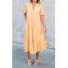 imageECOWISH Women Summer Casual Dress  V Neck Short Sleeve Gingham Midi Pleated Tiered Loose Fit Holiday Picnic DressesYellow