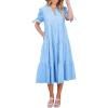 imageECOWISH Women Summer Casual Dress  V Neck Short Sleeve Gingham Midi Pleated Tiered Loose Fit Holiday Picnic DressesTurquoise Blue